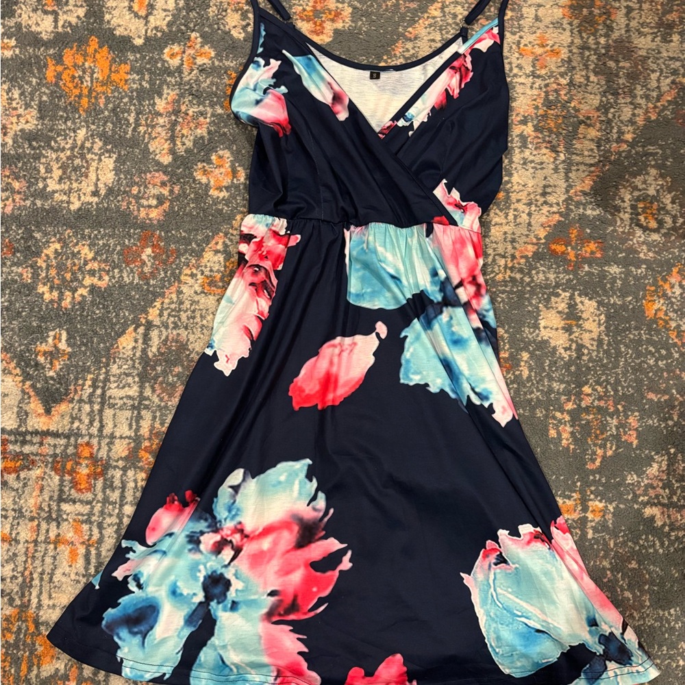 Amazon Navy Midi Dress with Pink and Aqua Floral Print